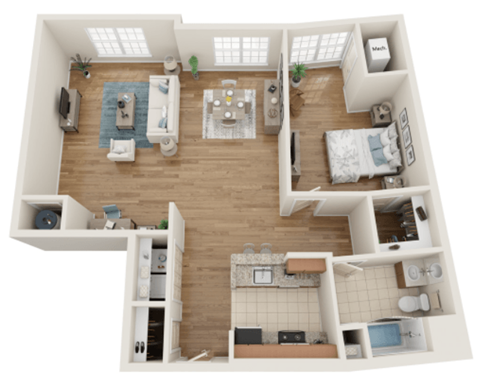 Floor plan for 1 bed, 1 bath, 1101 sqft